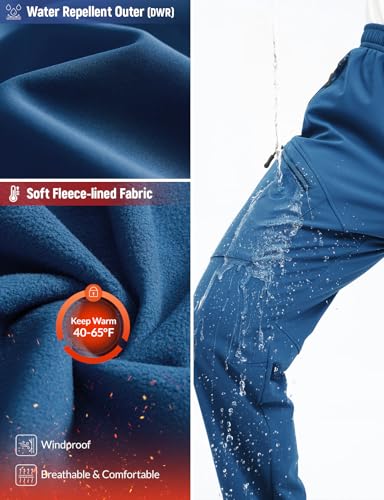 baleaf Men's Fleece Lined Hiking Cargo Pants Softshell Water Resistant Snow Thermal Pants Winter Insulate with Zipper Pocket2