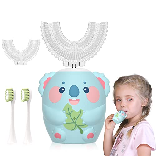 ELOTAME - U Shaped Toothbrush Kids,Waterproof Auto Kids Electric Toothbrushes with 4 Brush Heads,Full Mouth 360-Degree Cleaning Automatic Toothbrush (8-15 Age Blue Koala)