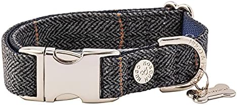HUGO & HUDSON Tweed Dog Collar Quick Release Safety Metal Buckle, Dark Green Checked, S