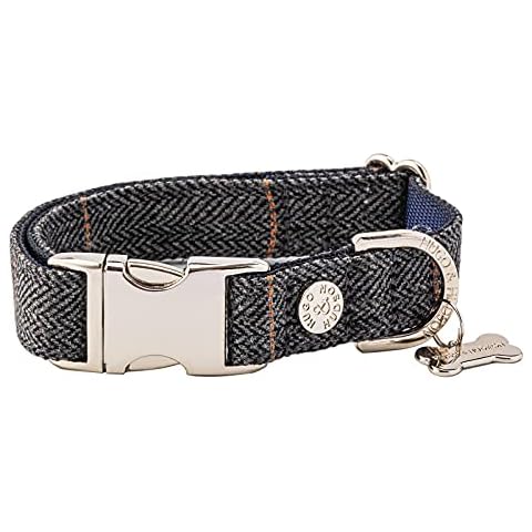 HUGO & HUDSON Tweed Dog Collar with a Quick Release Safety Metal Buckle - Soft Collars for Small, Medium and Large Dogs - Grey Checked Herringbone - S Cover