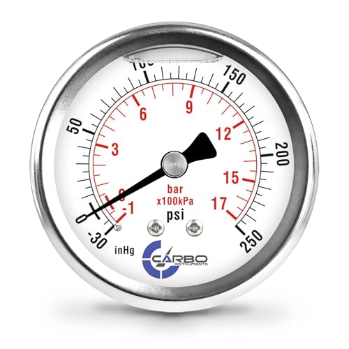 Image of Carbo Compound Pressure Gauge -30 inHg to 250 PSI, NIST Traceable, USA Lab Calibrated, 2.5 inch Dial, 1 /4 NPT Back Mount, ASME Grade A, 304 SS Case, Brass Wetted Parts, PSI /inHg