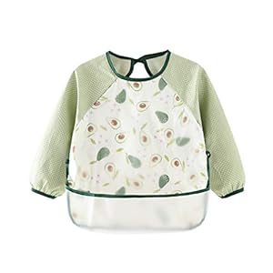 YARNOW Waterdichte Slabbetje Schort Met Lange Mouwen Eetkiel Met Zak Voor Pasgeboren Baby (Avocado) – Maat 110