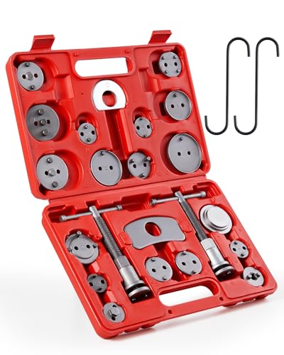Orion Motor Tech 24Pcs Kit d'Outils de Repousse Piston Étrier de Frein avec Boulons de Poussée Plaques de Retenue Supports d'Étrier 18 Adaptateurs de Disque Outils de Mécanicien avec Mallette, Rouge