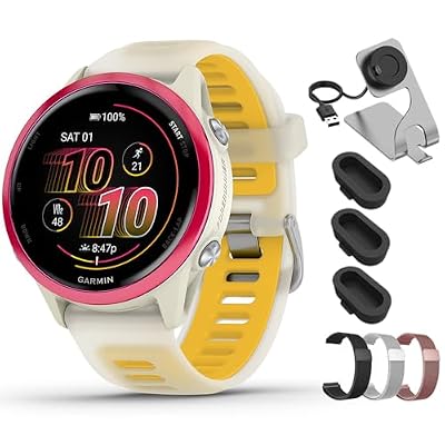 Garmin Forerunner 570-42mm GPS Smartwatch Aluminum and Bone/Mango Band 010-02970-02 Bundle with Deco Essentials 20mm Milanese Band 3 Pack, Charging Dock and Silicone Dust Cover 3 Pack