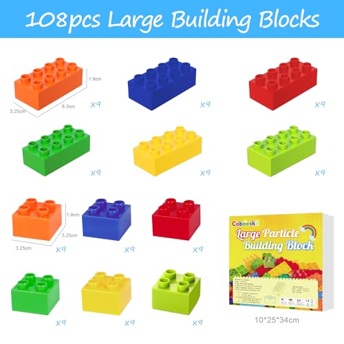 Large Building Blocks, 108 Pieces in 6 Colours and 2 Sizes, Compatible with Duplo and All Leading Brands, Ideal Toy for Children from 3 Years Old.