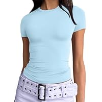 Cuptacc T Shirt Femme Summer Confort Corset Top Chic et élégant Tight Fit Y2k Clothes Mode 2025 Style écrémer Crop Tops Haut Sport Femme Bleu Ciel L