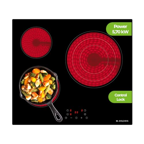 Aspes Black glass ceramic hob AV3602. Maximum power 5700 W, 3 Cooking Zones, 9 Cooking Levels, Touch Control, Lock and Safety Self-Disconnection
