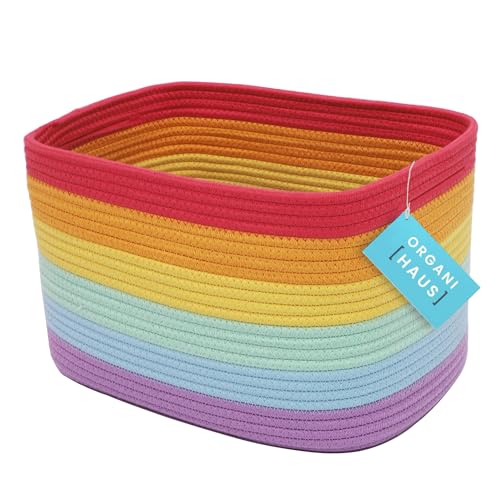 Image of OrganiHaus Rainbow Woven Storage Baskets for Organizing, Cotton Rope Organizer Bins for Shelves, Closet & Nursery, Dog Toy Basket, Decorative Bins for Toys, Towels & Books - 15x10x9
