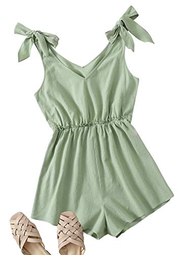 Romwe Women's Sleeveless Knot Shoulder Elastic Waist V Neck Cami Romper Jumpsuit Mint Green M #TOP18