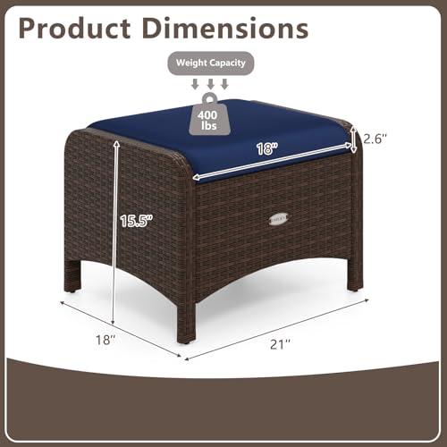 RELAX4LIFE Wicker Outdoor Ottomans for Patio - Set of 2 Rattan Footstools w/Removable Cushions, Multipurpose Outside Foot Rest, Side Table & Additional Seating for Porch Garden Backyard (Navy)