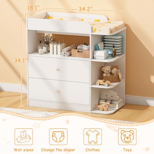 Wanan Changing Table Dresser with 2 Drawers for Nursery, Wood, White - 5