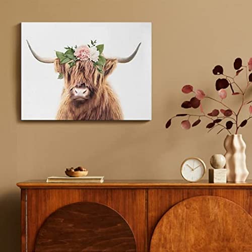 Cow Canvas Large Wall Art - Bathroom Farmhouse Fashion Decor Cute Animal Gray Painting Scottish Longhorn Bull Print Picture Living Room Bedroom Decoration Artwork-Unframed #TOP22