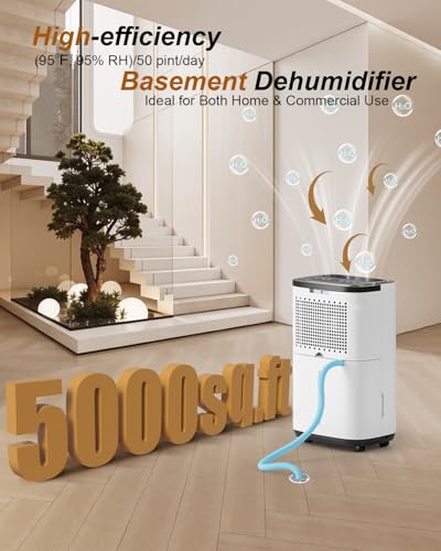 Image of 5000 Sq. Ft. Dehumidifier for Basement, Update 50 Pint Quiet Dehumidifiers for Home with Drain Hose, Smart Humidity Control, 24H Timer & Child Lock, Ideal for Large Rooms, Bedroom, Garage