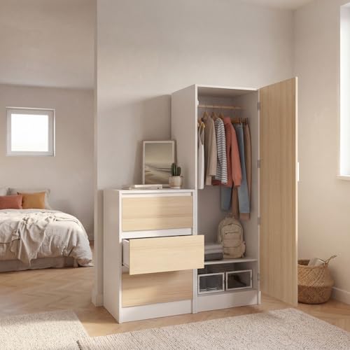 Armoire 1 porte AMBRE penderie avec commode 3 tiroirs 100 cm modulable façon hêtre et - vue 5