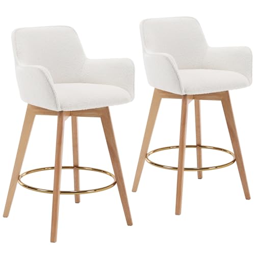 ONEVOG 26 Inch Boucle Counter Stools Set of 2, Modern Counter Height Swivel Bar Stools with Backs and Arms, Sherpa Fabric Upholstered Wooden Barstools Boho Kitchen Island Chairs, Cream White