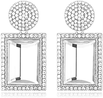 Rhinestone Crystal Rectangle Dangle Earrings, Glass Geometric Statement Earrings for Women KELMALL COLLECTION