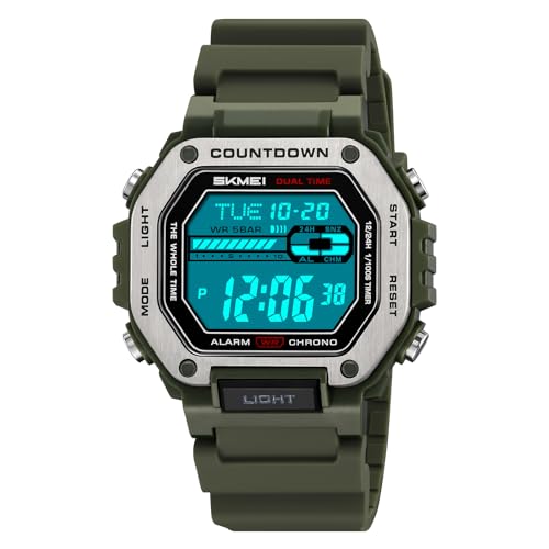 SKMEI Men's Military Digital Sports Watches Waterproof Womens Watches with Luminous Alarm Big Face for Outdoor(Army Green)2