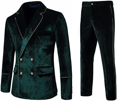 Mens Suits,Men's 2 Piece Velvet Suits Classic Solid Suit Jacket Pants Set Slim Fit Double Breasted Tuxedo for Prom Green