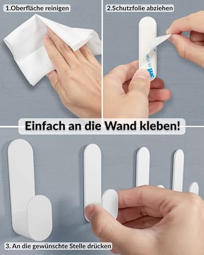 DEKAZIA® 4er-Set Klebehaken Weiß selbstklebend – Starke Wandhaken ohne Bohren – Handtuchhaken, Handtuchhalter & Küchenhaken für Bad, WC & Küche