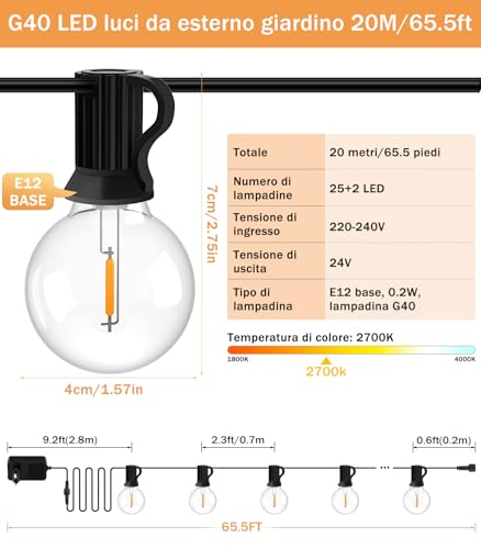 Jeymorkey Catena Luci Da Esterno Giardino - G40 65Ft 20M Led Lampadine Esterno Filo IP44 Lucine Da Esterno Giardino 20 Metri Luce Catena Luminosa Fila Catene Esterno Gazebo Lampade Per Terrazzo - 2