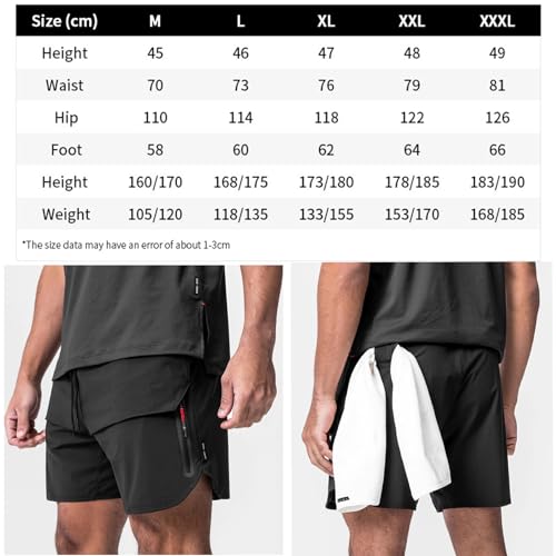 Hombres Pantalónes Cortos de Deportivos 2 en 1, Deporte Short con Cremallera Bolsillos, Tenis Fitnes