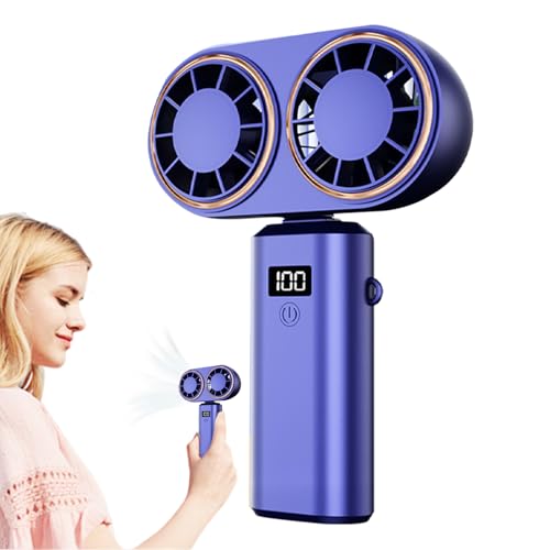 Genérico Ventilador Portátil de Mano - Pequeño Portátil - Ligero Doble Cabezal 5 Velocidades Recargable Pantalla Digital para Deportes Exteriores, Interiores, Gimnasio, Camping