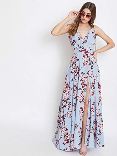 Image of Berrylush Women Floral Print Stylish Flaired Front Slit Shoulder Strap Maxi Dress Blue Small