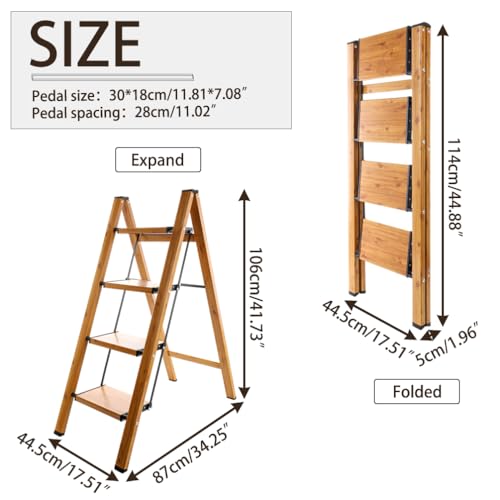 BAOYOUNI 4 Stufen Klappleiter Aluminium Leiter Trittleiter Klappbar Tragbare Stufenleiter Haushaltsleiter mit Breitem Anti-Rutsch Pedal, Tragfähigkeit 150 kg, Holzmaserung Farbe+Schwarz