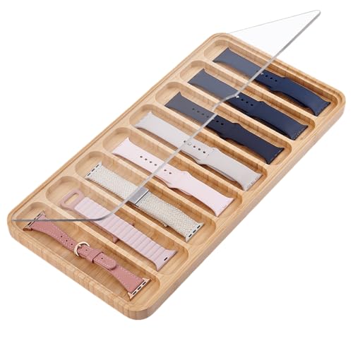 PH PandaHall 8 Schlitze Uhrenarmband Organizer Aus Holz Uhrenarmband Aufbewahrungsbox Tablett Watch Band Display Organizer Mit Deckel Geeignet Für Die Meisten Größen Von Uhrenarmbändern, 19x37.5x1.7cm