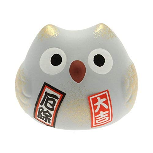 Kotobuki Fukuro Owl Charm Yakuyoke-un Collectible Figurine, Warding Off Bad Spirits, Grey