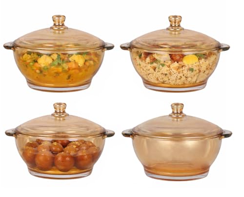Image of Brown Glass Casserole Deep Round 1000 ML - Oven and Microwave Safe Serving Bowl with Glass Lid (4 Pc, Brown - B)