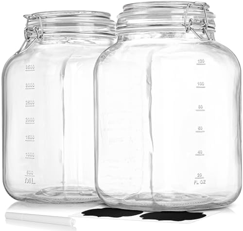 2 Pack 1.1 Gallon Glass Storage Jars with Hinged Lids and Measurement Marks, Large Mason Jars with Wide Opening, Square Glass Container with Labels, Pen and Replacement Silicone Gasket