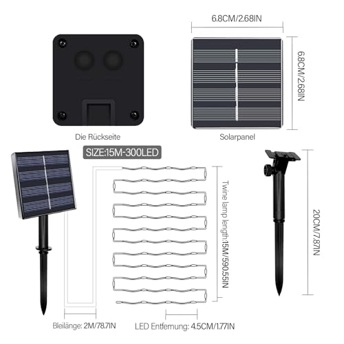 MEDOYOH 15M Solarseil Lichterkette mit 300 LEDs, Solar Hanfseil Lichterkette mit 8 Beleuchtungsmodi Wasserdicht für Gartenterrasse Balkon Schaukel Stamm Dekor