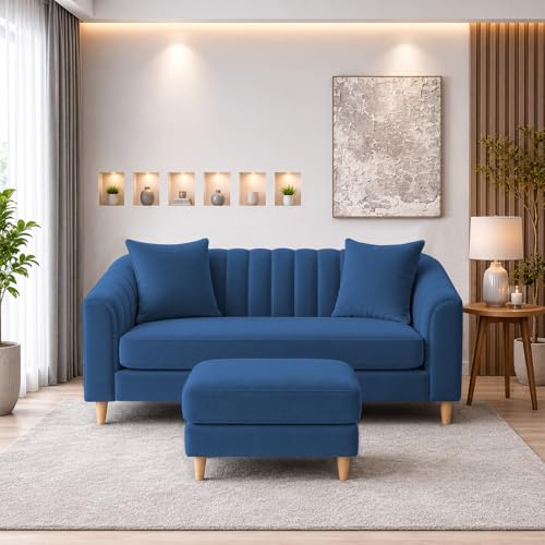 Image of Doraldo 2 Seater Sofa Set with Ottoman for Living Room (Blue) Premium Fabric Sofa