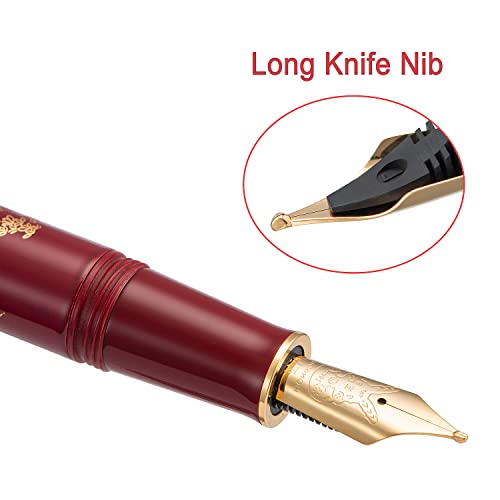 Hongdian N23 Red Rabbit Fountain Pen, Long Blade Medium Nib Gold Trim, New Year Lucky Rabbit Carving Design, Smooth Writing Pen With Converter And Metal Pen Box Set #TOP1
