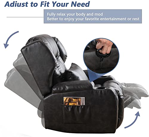 VUYUYU Manual Recliner Chair, Faux Leather 360 Degree Swivel Rocker Recliner Chairs for Living Room, Home Theater Single Sofa Seat with Drink Holders/Lumbar Pillow/Side Pockets (Black Grey)