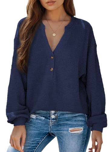 Dokotoo Long Sleeve Henley Shirts for Women 2026 Spring Fashion V Neck Waffle Knit Tops Front Button Tee Lightweight Dark Blue Blouses Casual Trendy Loose Fit Shirts Tops Small