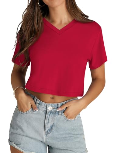Womens Crop T Shirt V Neck Short Sleeve Tees Summer Basic Cropped Tops(Red,M)