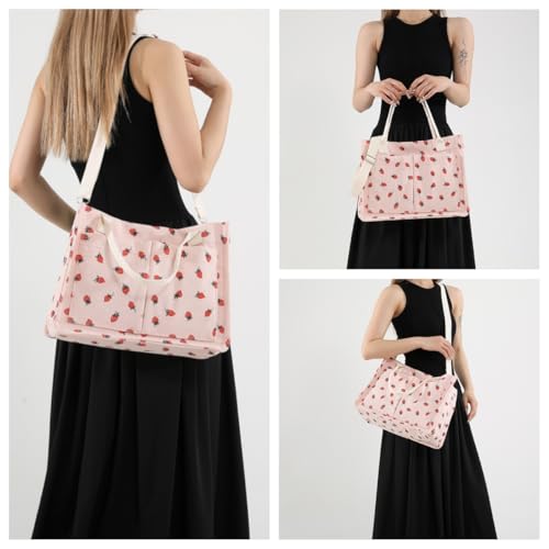 Image of Strawberry Tote Bag for Women with Pockets Corduroy Crossbody Shoulder Handbags Purse for Work