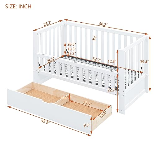 Tensun 4-in-1 Crib for Toddler Baby, Crib with Storage Drawers and 3 Mattress Height Options, CPSC Certified, 3 Mattress Height Settings, Modern Nursery Wooden Furniture, White