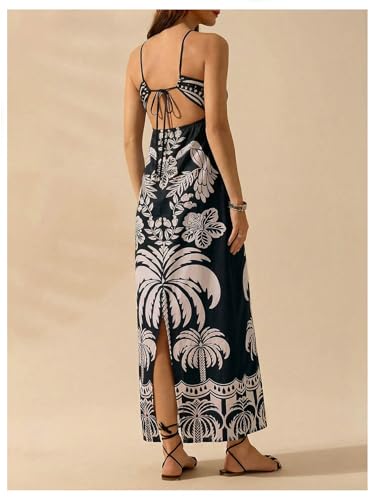 Image of SHENHE Women's Tropical Print Halter Maxi Dress Cutout Tie Backless Split Hem Boho Sundress