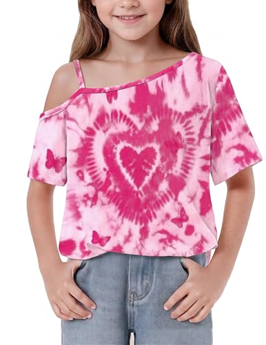 Image of Arshiner Girls T-Shirt Off Shoulder Tshirt Summer One-Shoulder Tee Shirt Children's Fashion Casual Short Sleeve Tops for Girls 11-12 Years