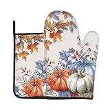 Fall Blue Orange Pumpkins Oven Mitts & Pot Holder Sets, Autumn Harvest Maple Leaves Oven Gloves Hot Pad Thanksgiving Gift for Kitchen Cooking Baking Decoration