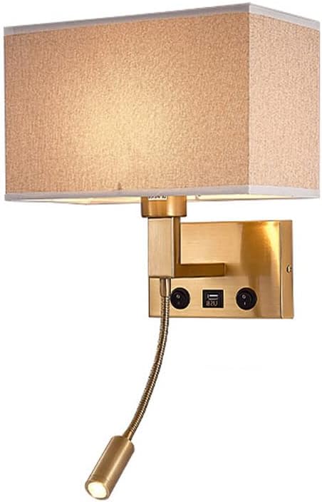 Wall Mount Reading Lamp: Square Fabric Shade, USB Flexible Gooseneck, Bedroom Bedside Hardwired Light