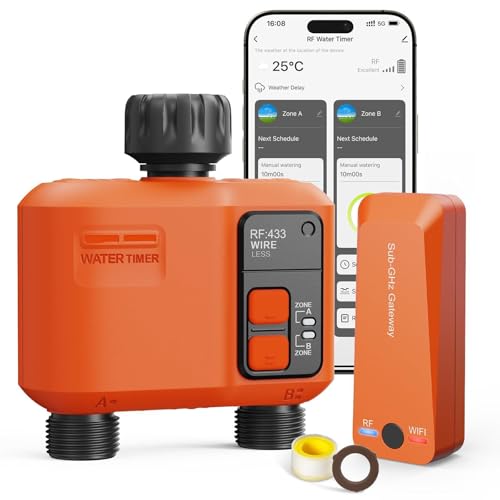 XinFuture Computer di irrigazione intelligente WLAN 2 uscite con 300 metri RF, super copertura WiFi, sistema di irrigazione giardino con ritardo di pioggia, app e controllo vocale, timer automatico