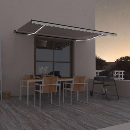 Image of YunCangg Manual Awning with LED, 500 x 300 cm, Cream, Extendable with Crank, UV-Resistant, Waterproof, Weatherproof for Garden, Balcony and Patio, Powder-Coated Aluminium Frame