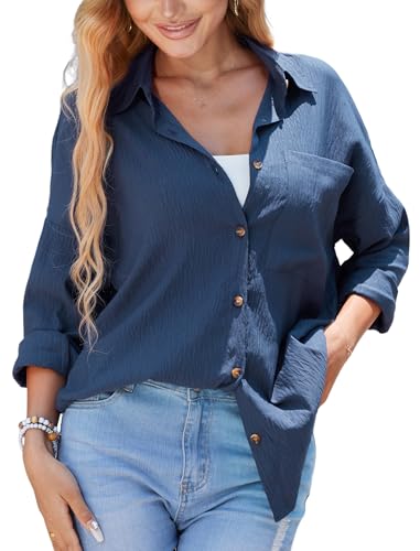 Image of Stamain Womens Blouses Long Sleeve Button Down Shirt Women Summer Casual Ladies Navy Blue Shirts and Blouses for Office Work Beach Holiday L