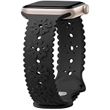 Maledan 3D Embossed Band Compatible with Apple Watch Bands 44mm 45mm 49mm 42mm Women, Cute Lace Cutout Engraved Raised Flower Soft Silicone Sport Band for iWatch Series 10 9 SE Band, Black