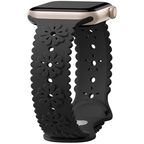 Maledan 3D Embossed Band Compatible with Apple Watch Bands 44mm 45mm 49mm 42mm Women, Cute Lace Cutout Engraved Raised Flower Soft Silicone Sport Band for iWatch Series 10 9 SE Band, Black