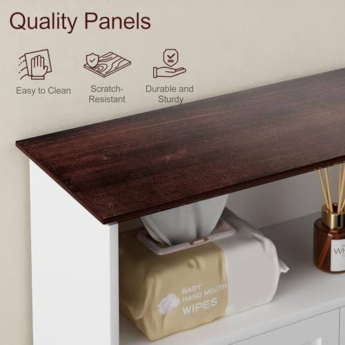VECELO Farmhouse Bathroom Wall Cabinet, Medicine Cabinet with 4 Hooks, Wall Mounted Storage Cabinet with Open Partition and Adjustable Shelves for Bathroom, Kitchen, Laundry Room, White by VECELO - Used condition - Image 5